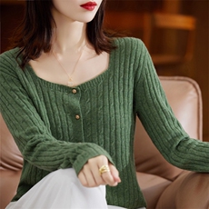 方领绞花羊毛开衫2024年秋季单排扣气质修身显瘦，女装羊毛衫，佰旭羊绒