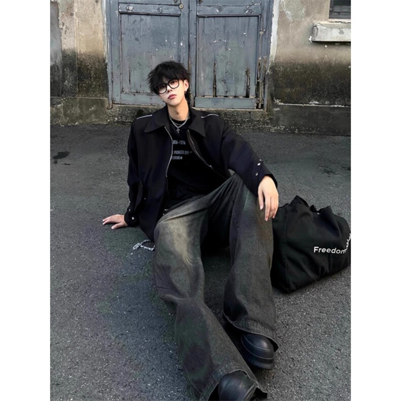 美式cleanfit垫肩短款外套男痞帅翻领正肩设计感小众高级感夹克潮,男装夹克,四季星座505