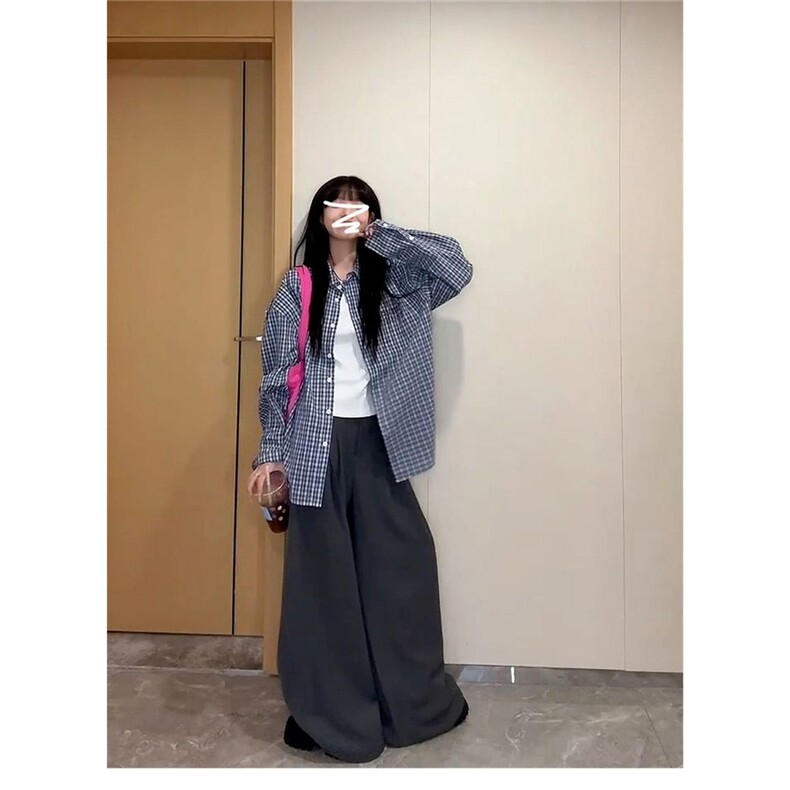 2025新款慵懒风蓝色格子衬衫女款高级感宽松休闲衬衣初春外套上衣,男装衬衫,星座506A