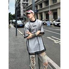 小众设计师款男装假两件网纱短袖夏季潮牌痞帅高级感t恤美式高街，男装T恤，星座506A