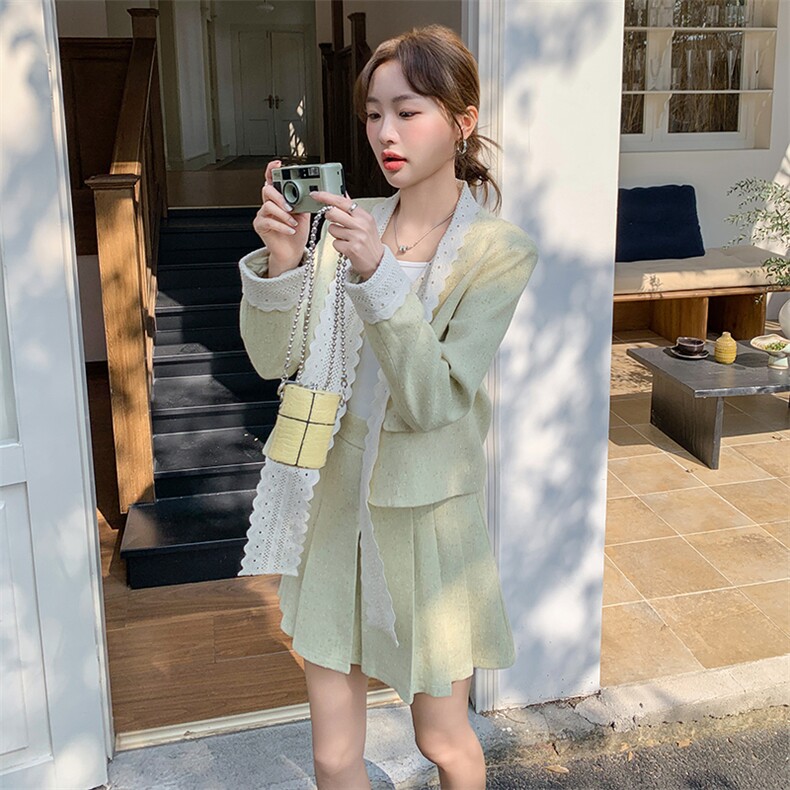 法式小香风小个子穿搭一整套女2025春新款蝴蝶结外套百褶裙两件套,女装套装/套裙,浙宝069