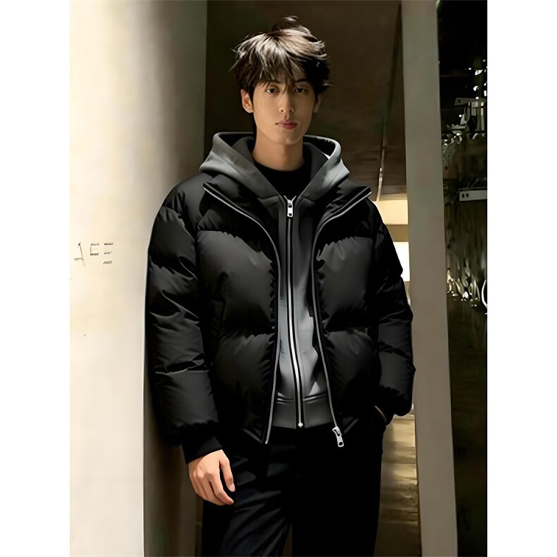 网图美式假两件pu皮短款棉服男款冬季加厚工装棉袄连帽外套特P85,男装皮衣,电商C306-1