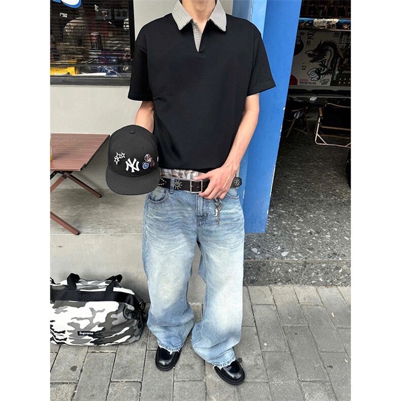 得物抖音高品质二开夏季美式潮牌假两件格子衬衫翻领高街短袖T恤,男装T恤,电商A486