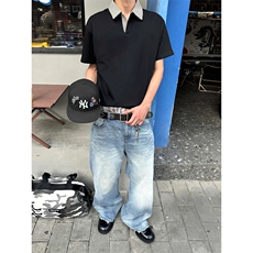 得物抖音高品质二开夏季美式潮牌假两件格子衬衫翻领高街短袖T恤，男装T恤，电商A486