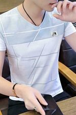 款5026男士短袖t恤V领潮流韩版修身半袖鸡心领帅气条纹夏装，男装T恤，电商D310（原电商305）