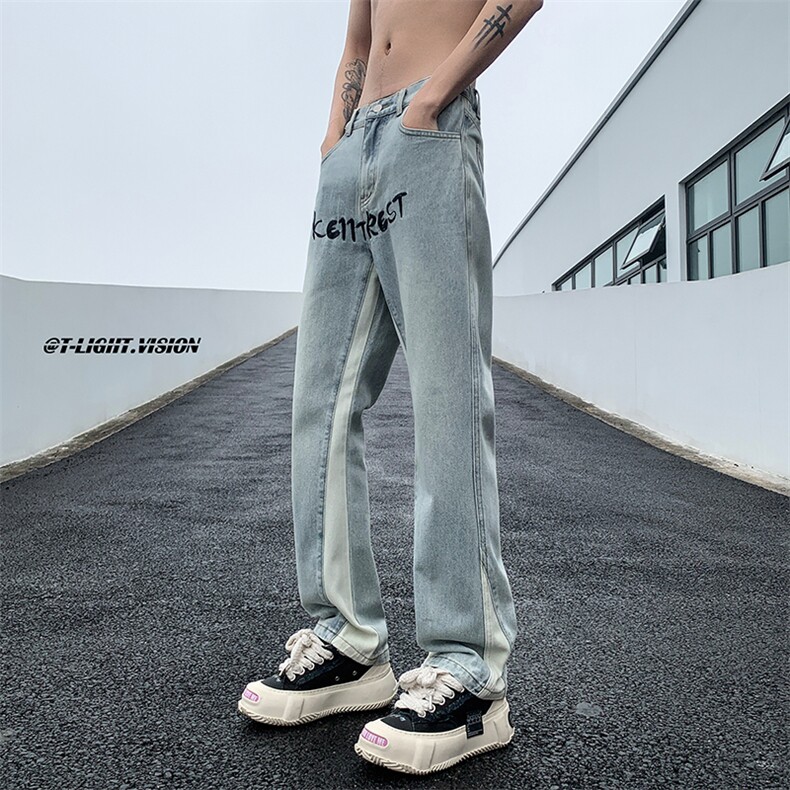 B221美式ins高街小众刺绣拼接直筒牛仔裤LK23034-P65控88,男装牛仔裤,电商B221