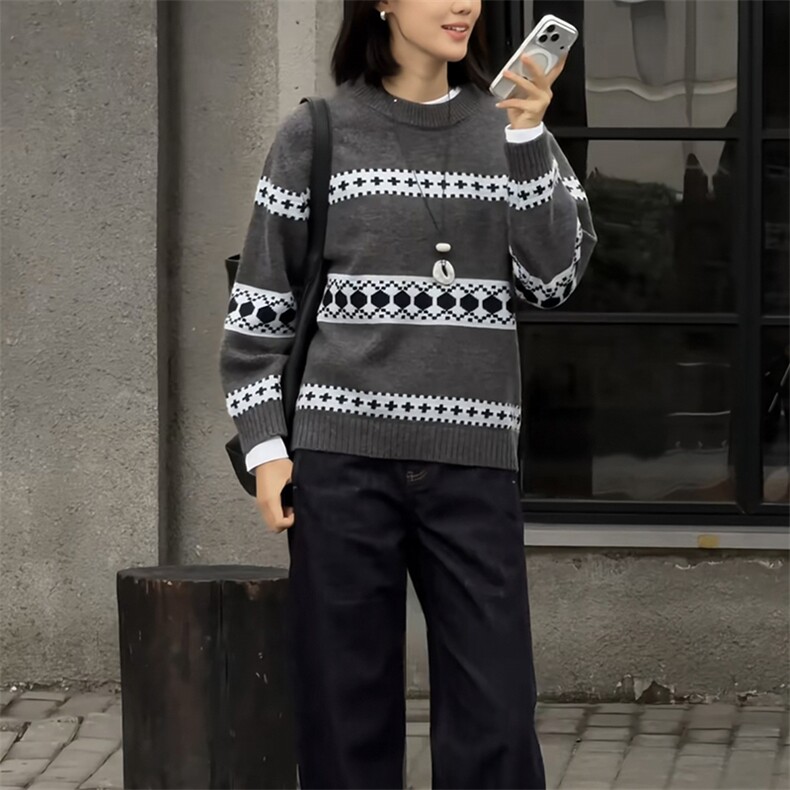 2025年秋季时尚百搭通勤休闲圆领提花套头，女装羊毛衫，新胜羊绒