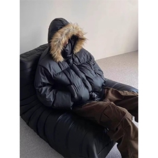 现货三防重磅硬挺boxy短款羽绒棉衣座山雕大毛毛领PU皮棉服外套冬，男装棉衣，电商A486-1