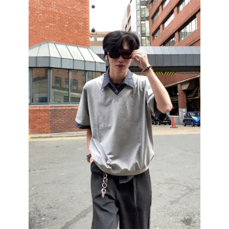 【有货】DPL01-批45花灰色假俩件格子短袖男POLO衫夏季重磅半截袖,男装T恤,星座603-2