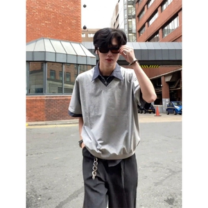 【有货】DPL01-批45花灰色假俩件格子短袖男POLO衫夏季重磅半截袖图片