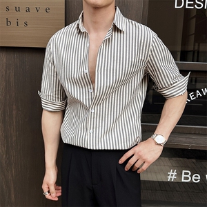 夏季男士七分袖条纹衬衫男休闲修身休闲衬衣A236-C665-P55图片