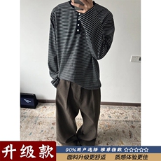 港风秋款男圆领T恤长袖条纹单排扣宽松卫衣T191P53，男装T恤，星座1013-1