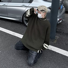 秋冬高领毛衣男套头开衩宽松拼色美式运动学生潮牌针织衫M7064，男装针织衫/毛衣，星座506