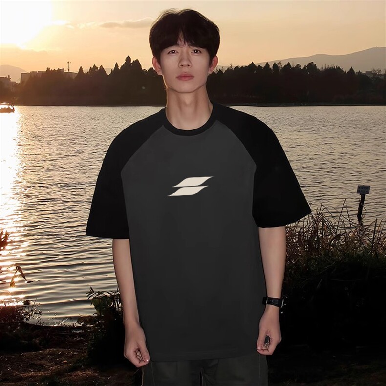 抖音得物高品质二开240克宽松纯棉美式潮牌插肩袖拼接短袖T恤，男装T恤，电商A486-1