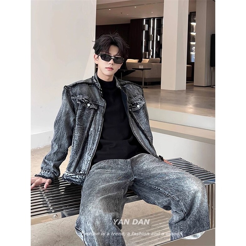 美式覆古水洗垫肩牛仔外套男女网络图,男装工装外套,星座410-6（原星座1304-1）