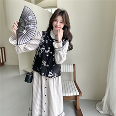 现货春季新款刺绣马甲条纹连衣裙套装26158P175K268，女装套装/套裙，2D035