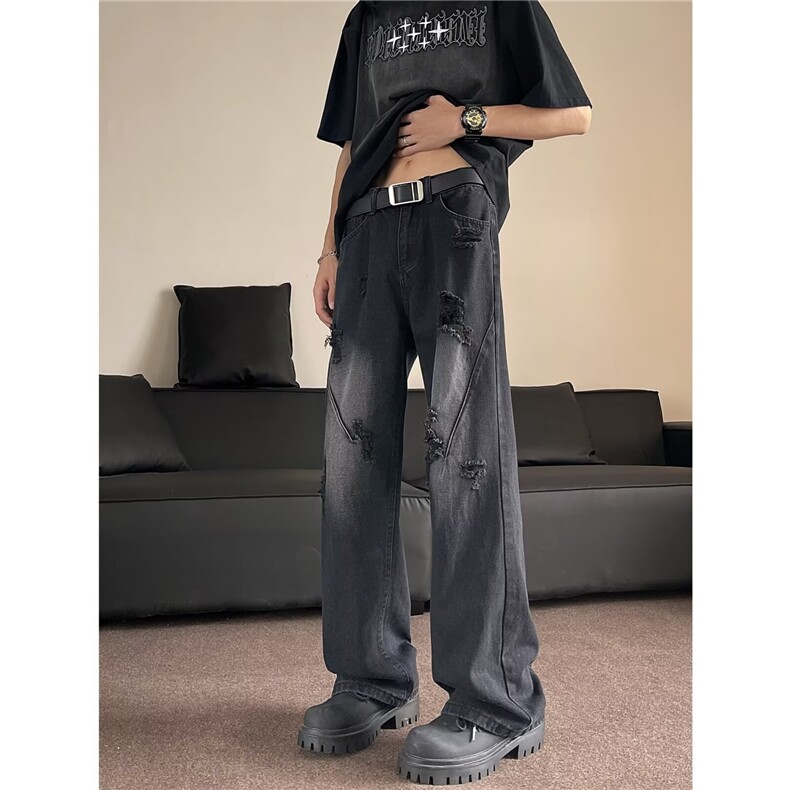 高品质夏款男牛仔裤破洞渐变色拼接直筒宽松长裤NK6692P50,男装牛仔裤,星座1013-1