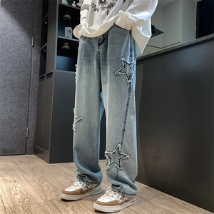 美式hiphop星星裤子高街欧美vibe风牛仔裤男款直筒阔腿裤N8830P45图片