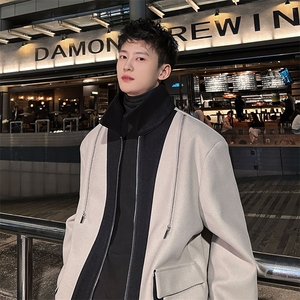 撞色毛呢高级感双拉链秋冬外套 美式潮牌小短款拼接呢夹克876P115图片