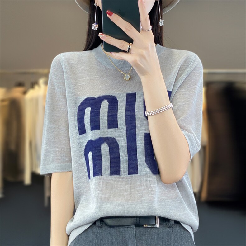 2024年夏季短袖套头圆领时尚气质字母显瘦针织衫,针织衫/毛衣,大美人包芯纱店