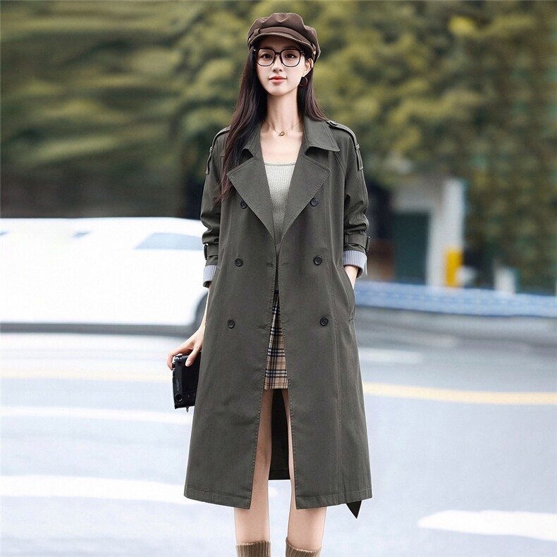 设计感女2026秋新款法式赫本风品质宽松撞色袖翻领中长款风衣外套,女装风衣,卡杰菲