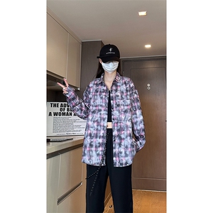 现货 早秋高街做旧紫格子长袖衬衫女扎染衬衣外套男 C18-P50-控78图片
