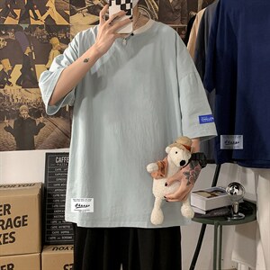 YT26062-P30亚麻短袖t恤男大码五分袖男宽松七分袖海报风,男装T恤,电商A040