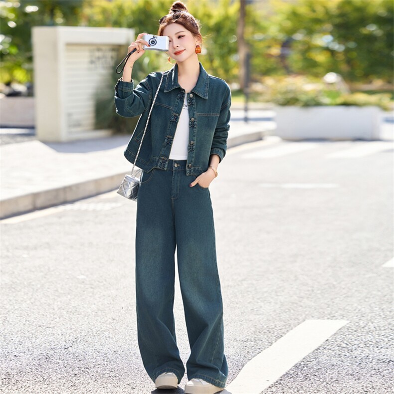 新中式牛仔套装女2025春新款超好看独特漂亮超火减龄阔腿裤两件套,女装套装/套裙,欣品汇