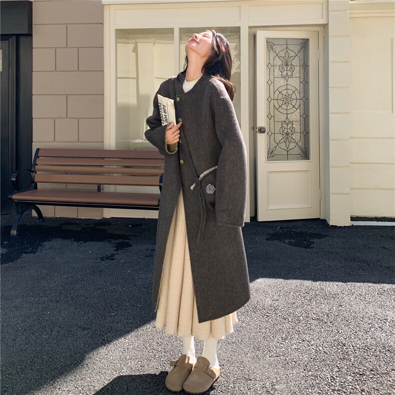 学院风双面呢羊毛大衣女冬季2025新款韩系气质长款灰色毛呢外套,女装毛呢外套,2B187