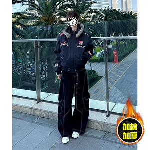 现货高品质美式高街重磅刺绣座山雕大毛毛领棉衣男女加厚棉服外套图片