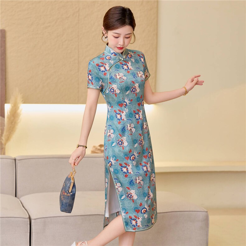 杭州品质真丝长裙复古印花连衣裙女春夏日常修身潮流真丝旗袍,女装汉服/婚纱/旗袍/礼服,小荷流