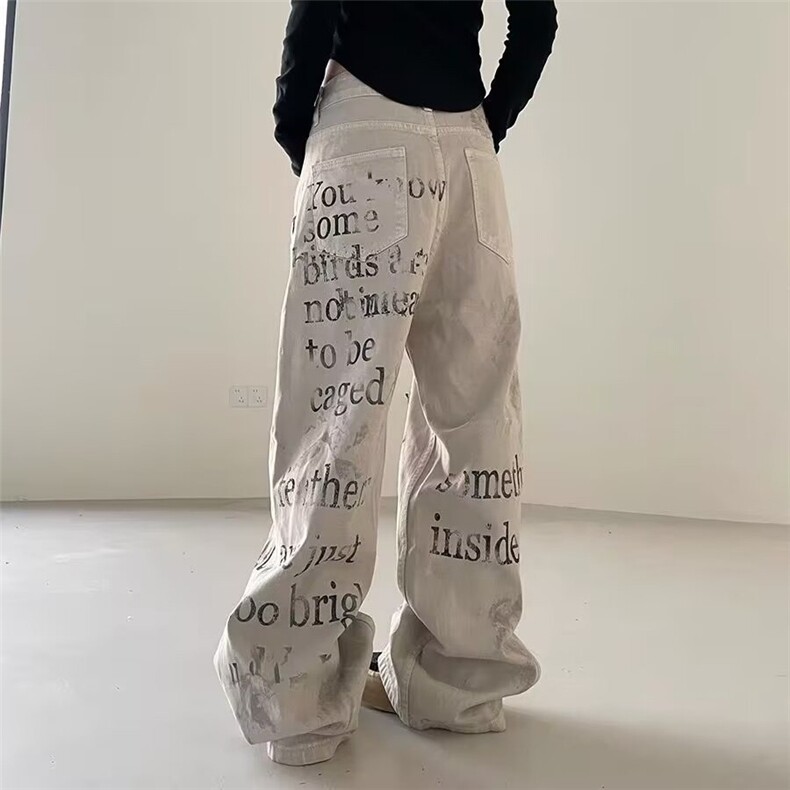 美式复古字母涂鸦牛仔裤男女春秋痞帅炸街直筒休闲长裤L83644-P48,男装牛仔裤,星座1008