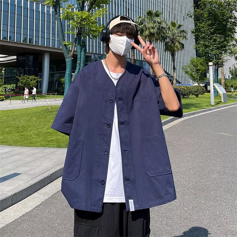 短袖衬衫男港风日系夏季五分袖宽松韩版百搭QK623P40图片