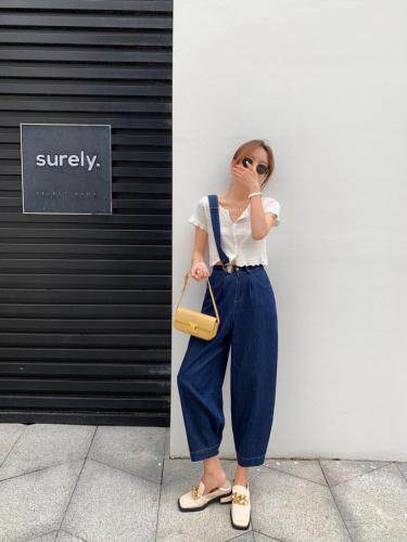 一条肩带收口牛仔裤，女装牛仔裤，肆尔