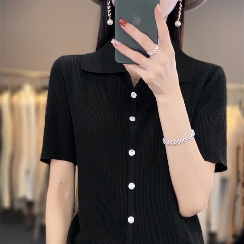 夏季新款薄款T恤女修身POLO领纯色短袖开衫百搭显瘦针织半袖上衣图片