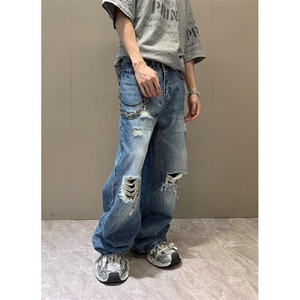 美式高街cleanfit水洗破洞牛仔裤男夏季薄款复古直筒微喇 N1156图片