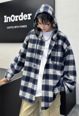 J5025/特P45春装港味新款格子连帽衬衫外套男女慵懒风休闲上衣，男装衬衫，电商A141