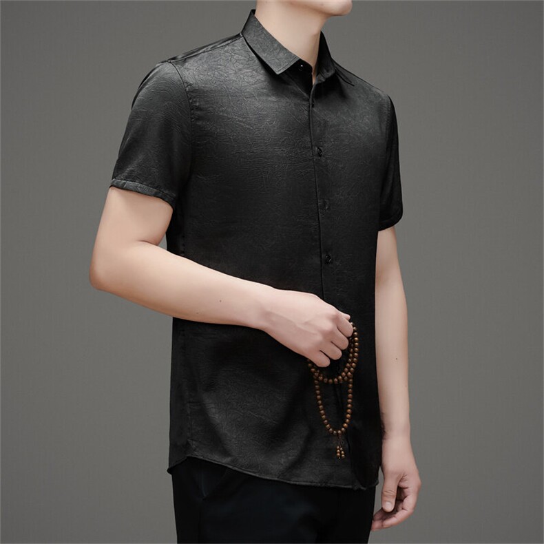 夏季冰丝男士衬衫短袖真丝衬衣半袖中年宽松薄款高级感夏装衣服潮,男装衬衫,电商B212（原钱塘6029）