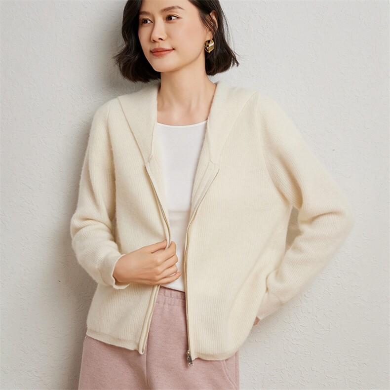 时尚女士羊绒帽衫黑色元宝针双拉链设计舒适保暖,女装羊绒衫,臻维羊绒