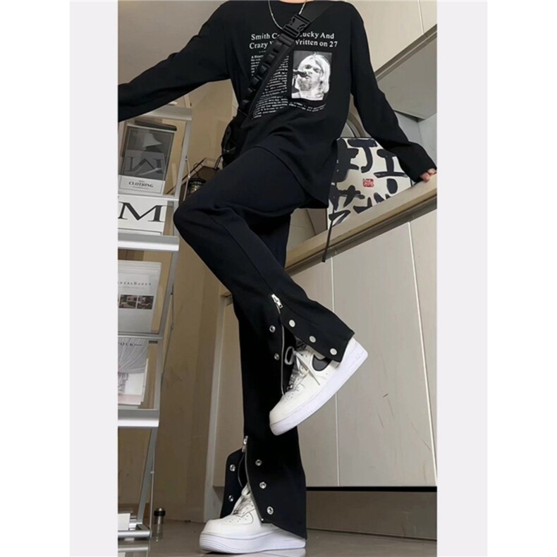 网络图现货 美式拉链微喇vibe风裤高街开叉排扣裤牛仔裤J7068-P32图片