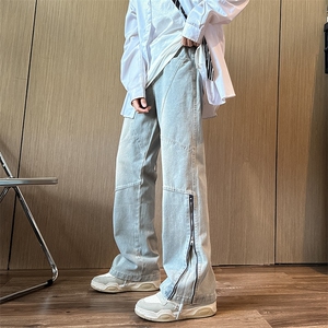 【】美式水洗做旧拉链牛仔裤男女潮牌宽松微喇裤SG501 P42图片