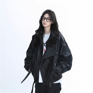 美式复古重磅黑色PU皮衣外套女设计感宽松机车服夹克~PY1211图片