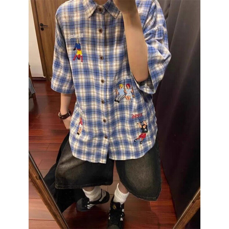 美式复古格子短袖衬衫男夏季薄款宽松刺绣衬衣设计感格纹情侣半袖,男装衬衫,星座506A