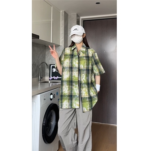 抖音夏装男士泼墨扎染时尚格子短袖衬衫休闲衬衣 CS800-特P35图片