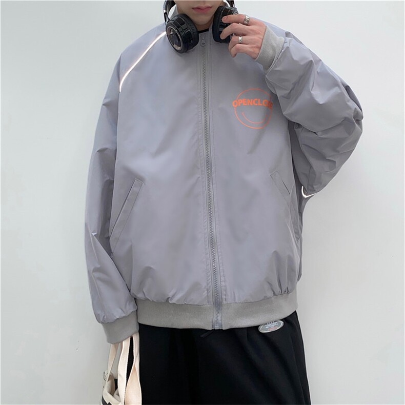 秋装印花反光条棒球服外套男女大码宽松夹克衫JK66P65绿,男装夹克,电商C323