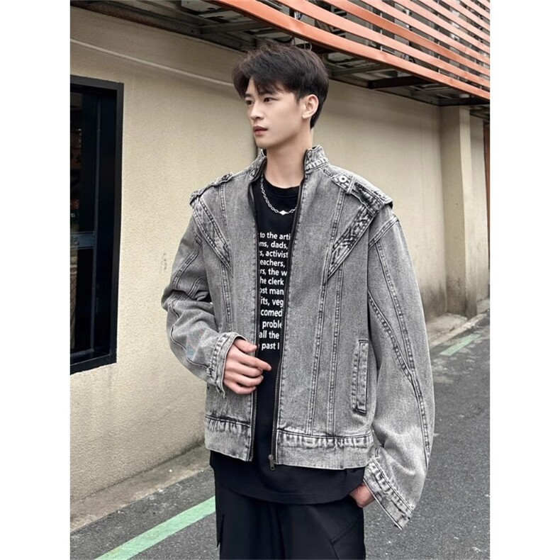 JK8636-P70美式复古水洗做旧牛仔外套炸街小众设计感街头,男装工装外套,电商B323A