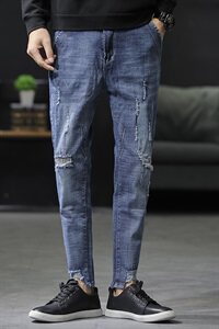 主推春夏牛仔裤男修身小脚微弹九分裤韩版破洞青少年潮流图片