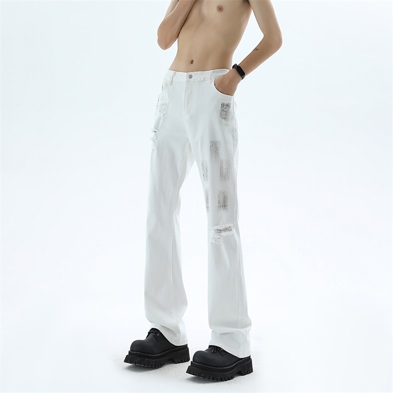 B221美式ins高街暗黑破洞喷墨弹力微喇牛仔裤LK24204-P55控78,男装牛仔裤,电商B221