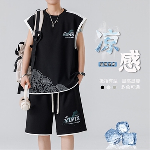 无袖背心男短袖T恤套装大码五分短裤两件套217-2-TZ07-特P50图片