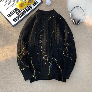 档口现货M892-特P68 泼墨涂鸦麻花毛衣男潮牌美式圆领线衣宽松图片